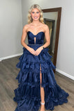 Strapless Navy A Line Tiered Prom Dress with Slit