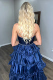 Strapless Navy A Line Tiered Prom Dress with Slit