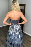 Strapless Metallic Tiered Silver Prom Dress