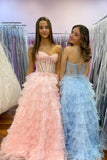 Pink Strapless Corset Tiered Prom Dress