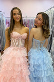 Pink Strapless Corset Tiered Prom Dress