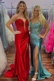 Corset Red Satin Prom Dress with Appliques