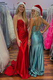 Corset Red Satin Prom Dress with Appliques