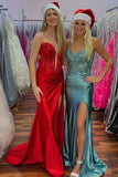 Corset Red Satin Prom Dress with Appliques