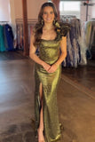 One Shoulder Green Prom Dress with Sequins