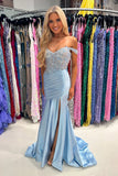 Off The Shoulder Blue Corset Prom Dress with Appliques
