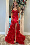 Strapless Red Mermaid Corset Prom Dress with Beading