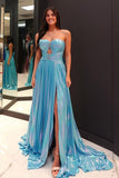Strapless Blue Satin Prom Dress with Slit