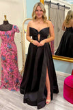 Strapless Black A Line Prom Dress with Slit