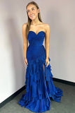 Royal Blue Strapless Tiered Prom Dress with Slit