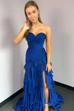 Royal Blue Strapless Tiered Prom Dress with Slit