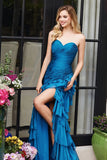 Royal Blue Strapless Tiered Prom Dress with Slit