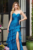 Royal Blue Strapless Tiered Prom Dress with Slit