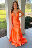 Orange Satin Mermaid Ruched Prom Dress