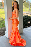 Orange Satin Mermaid Ruched Prom Dress