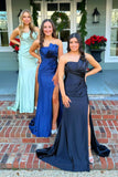Green Strapless Ruched Prom Dress with Slit
