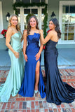 Green Strapless Ruched Prom Dress with Slit