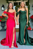 One Shoulder Corset Green Prom Dress with Appliques