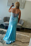 Sparkly Corset Blue Sequins Prom Dress with Slit