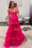Pink Tiered Corset Appliques Prom Dress with Slit