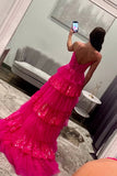 Pink Tiered Corset Appliques Prom Dress with Slit