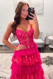 Pink Tiered Corset Appliques Prom Dress with Slit