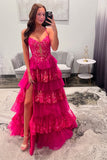 Pink Tiered Corset Appliques Prom Dress with Slit