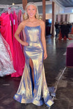 Blue Golden Strapless Metallic Mermaid Prom Dress