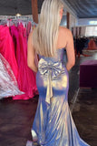 Blue Golden Strapless Metallic Mermaid Prom Dress