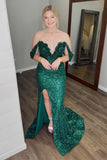 Green Sparkly Off The Shoulder Prom Dress with Slit