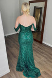 Green Sparkly Off The Shoulder Prom Dress with Slit