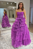 Strapless Tiered Purple A Line Prom Dress