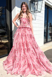 Corset Pink Floral Strapless Prom Dress