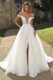 White Off The Shoulder A Line Long Wedding Dress with Slit