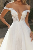 White Off The Shoulder A Line Long Wedding Dress with Slit