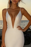Mermaid Ivory V Neck Long Wedding Dress with Slit