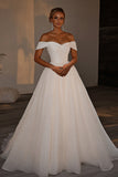 Sparkly Ivory Off the Shoulder A Line Tulle Pleated Wedding Dress