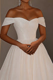 Sparkly Ivory Off the Shoulder A Line Tulle Pleated Wedding Dress