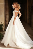 Sparkly Ivory Off the Shoulder A Line Tulle Pleated Wedding Dress