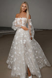 Ivory Off The Shoulder Long Sleeve A Line Wedding Dress with Appliques