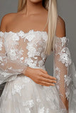 Ivory Off The Shoulder Long Sleeve A Line Wedding Dress with Appliques