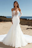 Ivory Strapless Long Sleeve Mermaid Wedding Dress with Appliques