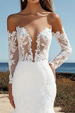 Ivory Strapless Long Sleeve Mermaid Wedding Dress with Appliques