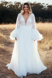 Ivory Long Sleeve Plus Size Tulle A Line Wedding Dress with Appliques