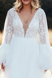 Ivory Long Sleeve Plus Size Tulle A Line Wedding Dress with Appliques
