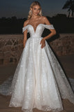Sparkly Ivory Off The Shoulder A Line Tulle Long Wedding Dress