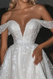 Sparkly Ivory Off The Shoulder A Line Tulle Long Wedding Dress