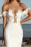 Ivory Sheath Off the Shoulder Wedding Dress with Lace