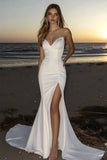 Mermaid Ivory Strapless Satin Wedding Dress with Slit
