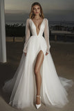 Ivory Long Sleeve V Neck Tulle A Line Wedding Dress With Slit